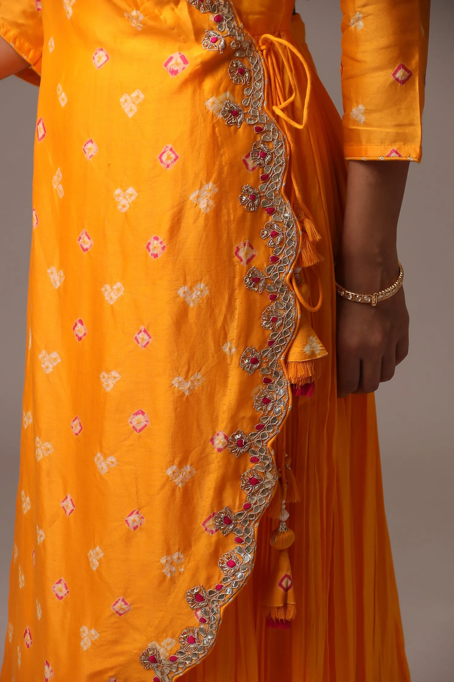 Bandhej Chanderi Jump Suit with Gota Patti work.