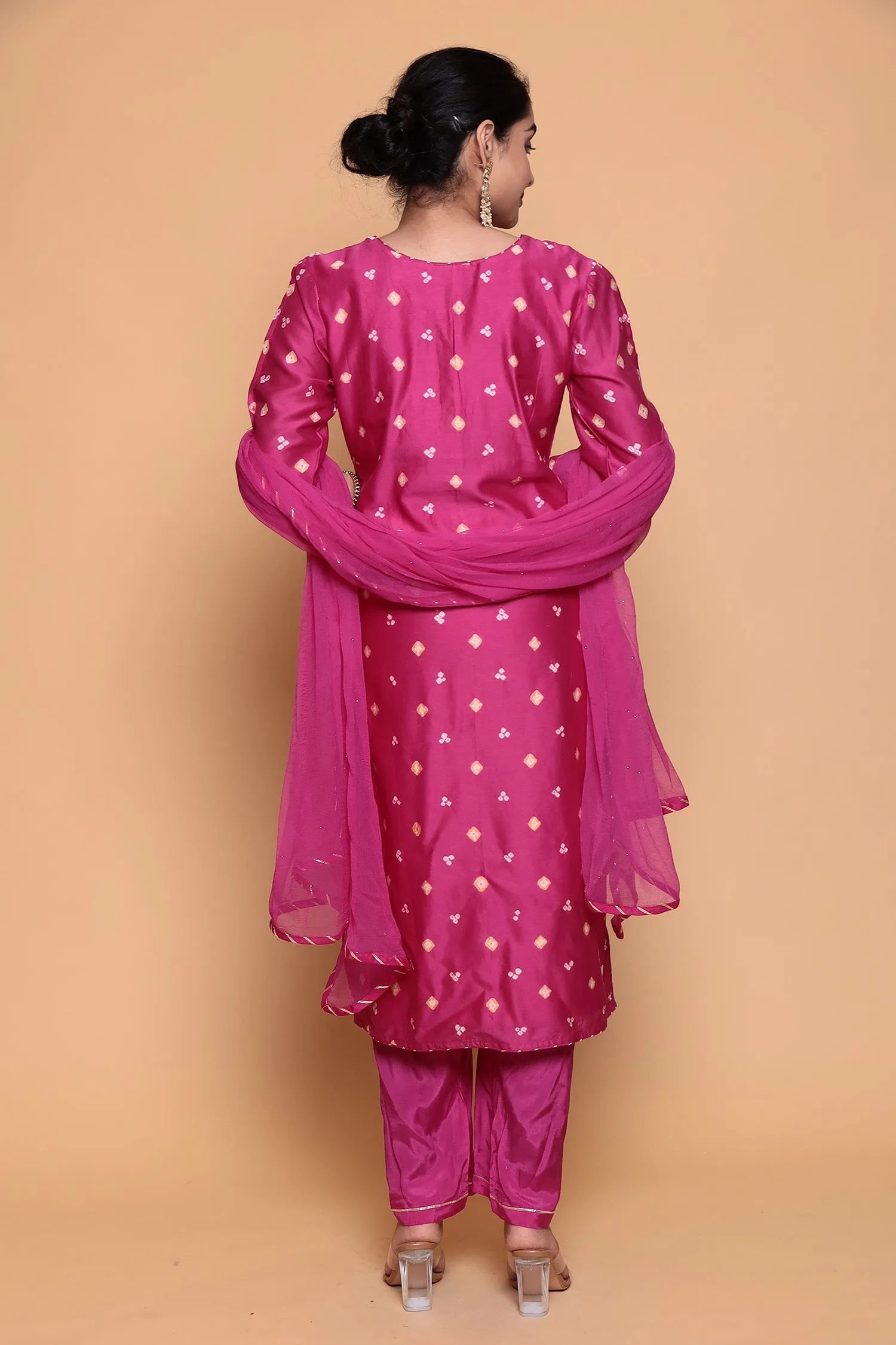 Bandhej Chanderi Suit with Gota Patti work.