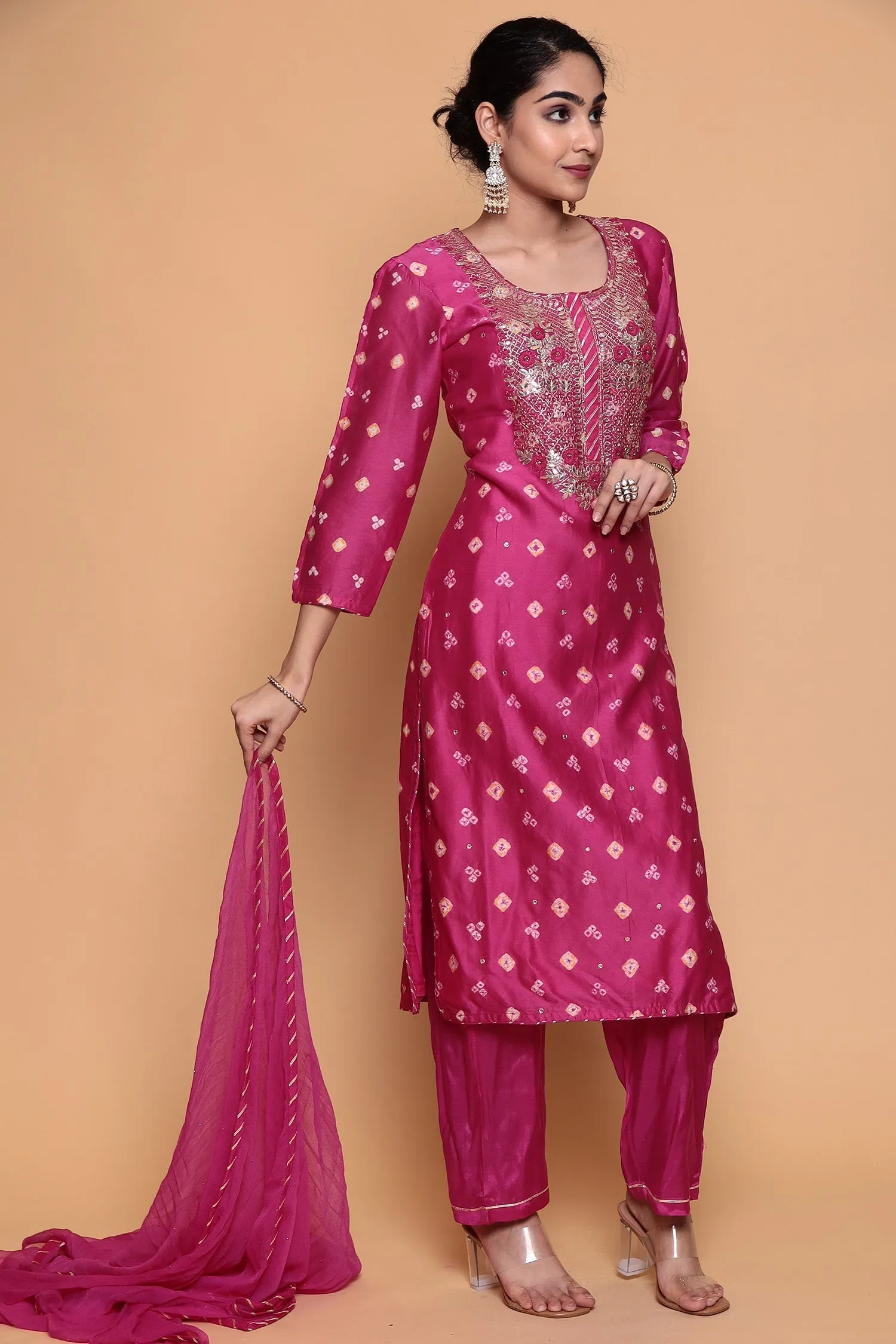 Bandhej Chanderi Suit with Gota Patti work.