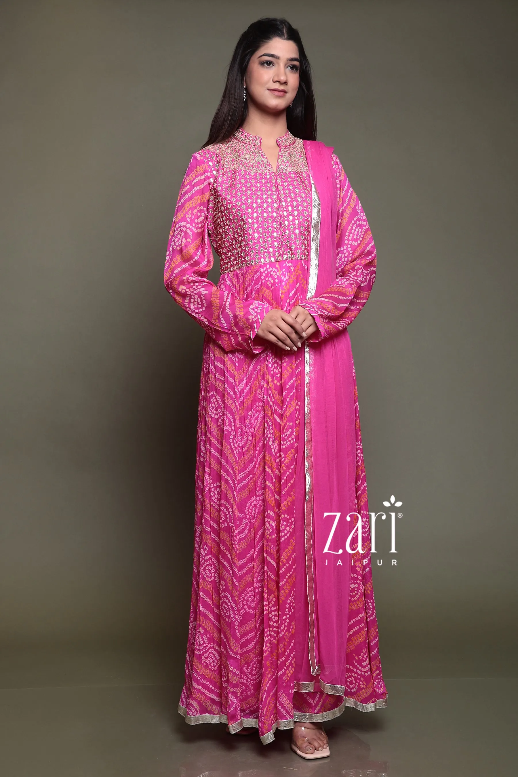 Bandhej Chinon silk Suit with Aari, Gota Patti, Pearl, Thread work.