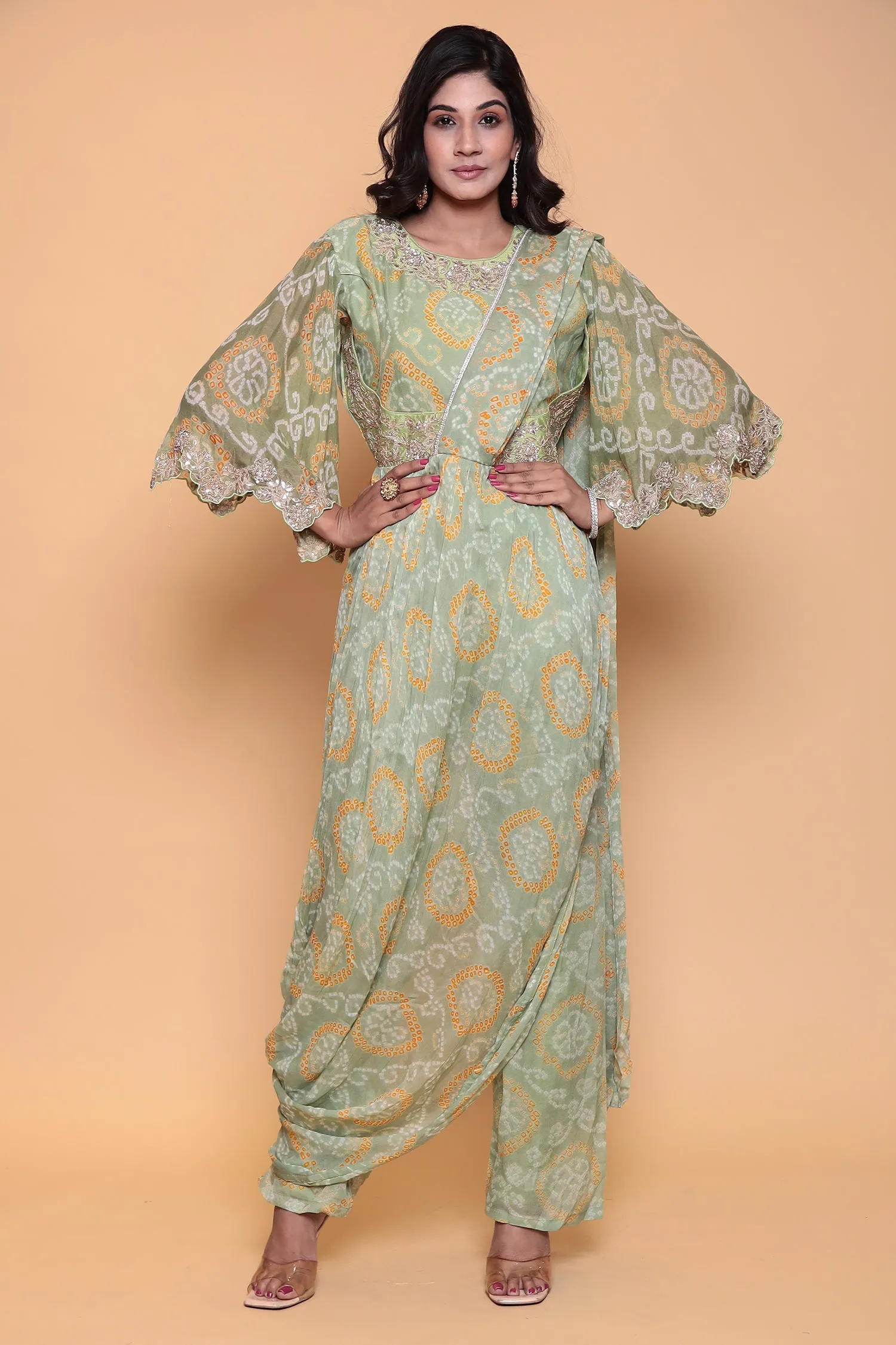 Bandhej Georgette Jump Suit with Gota Patti work.