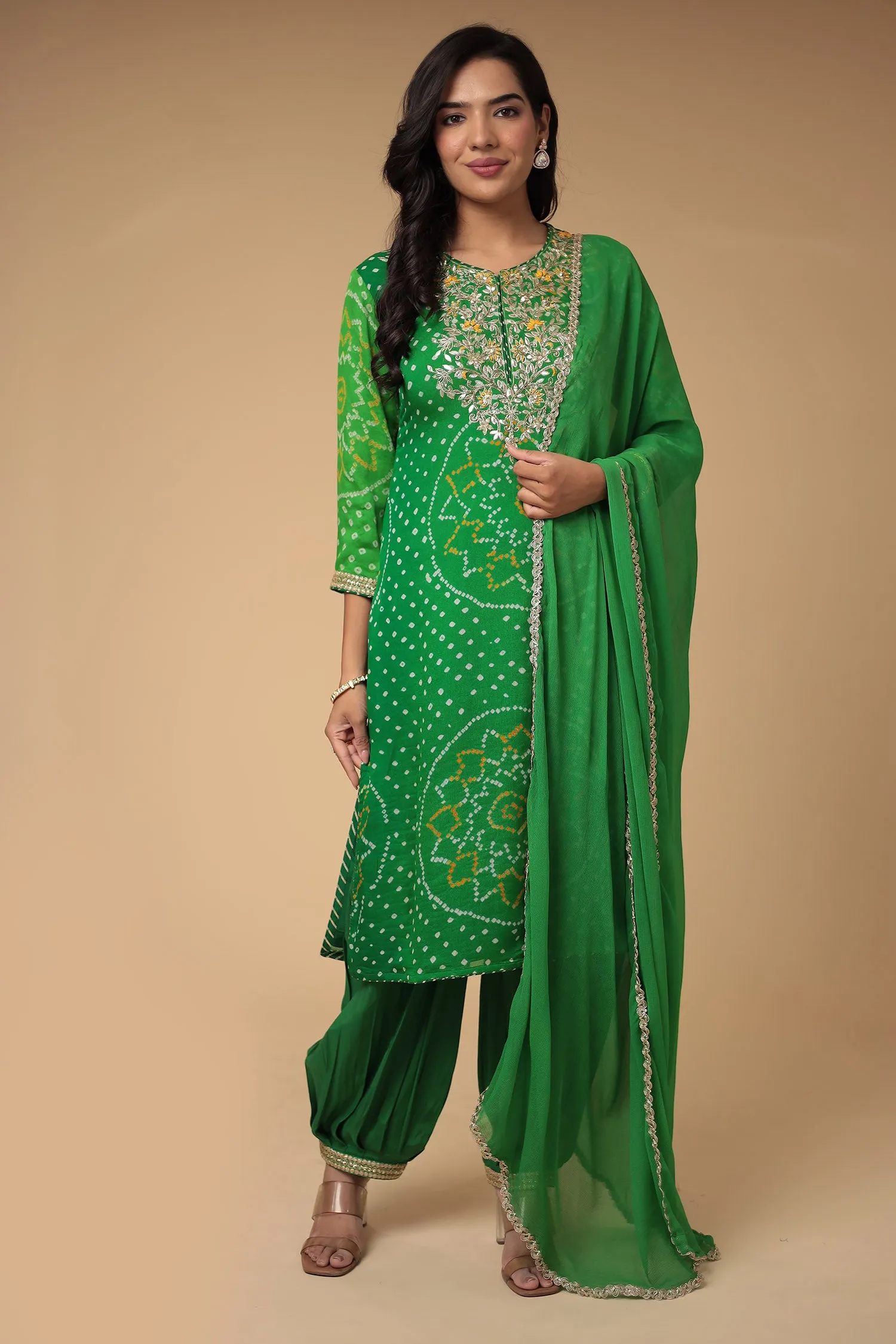 Bandhej Georgette Suit Embroidered with Gota Patti work