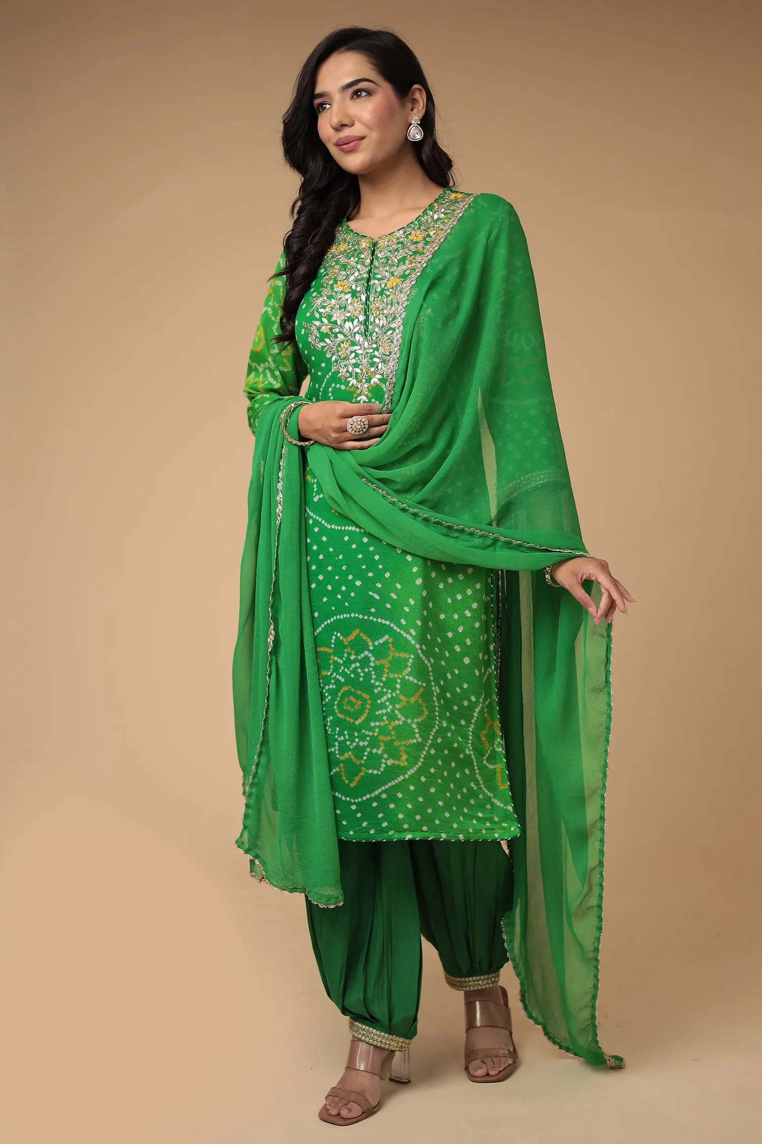 Bandhej Georgette Suit Embroidered with Gota Patti work