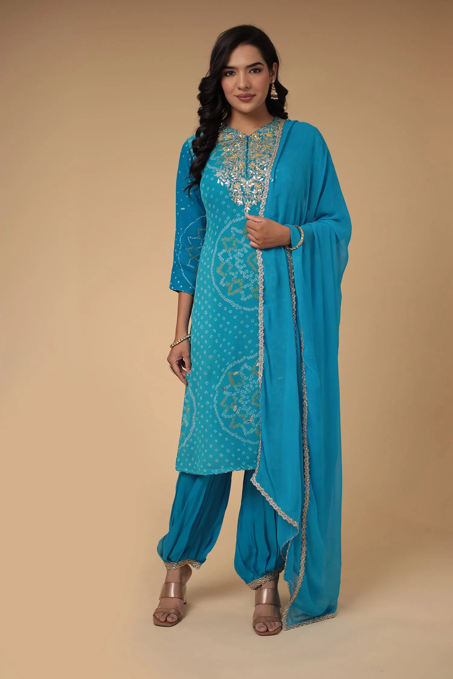 Bandhej Georgette Suit Embroidered with Gota Patti work