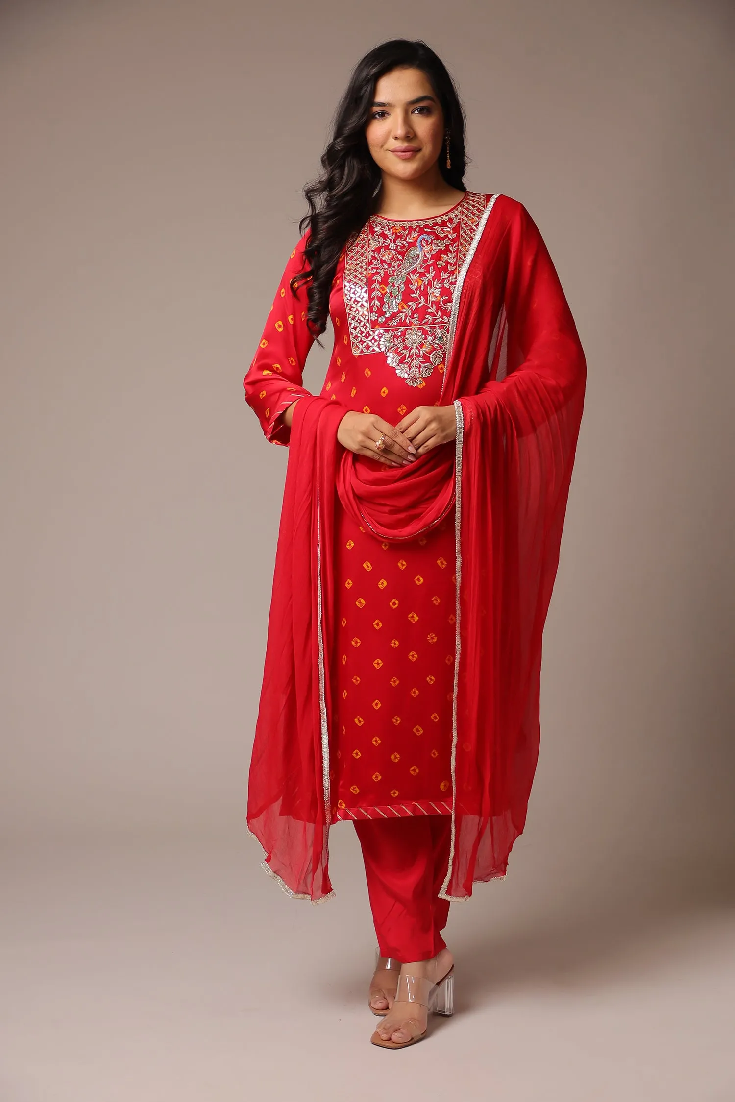 Bandhej Satin Straight Suit with Zardozi Work.