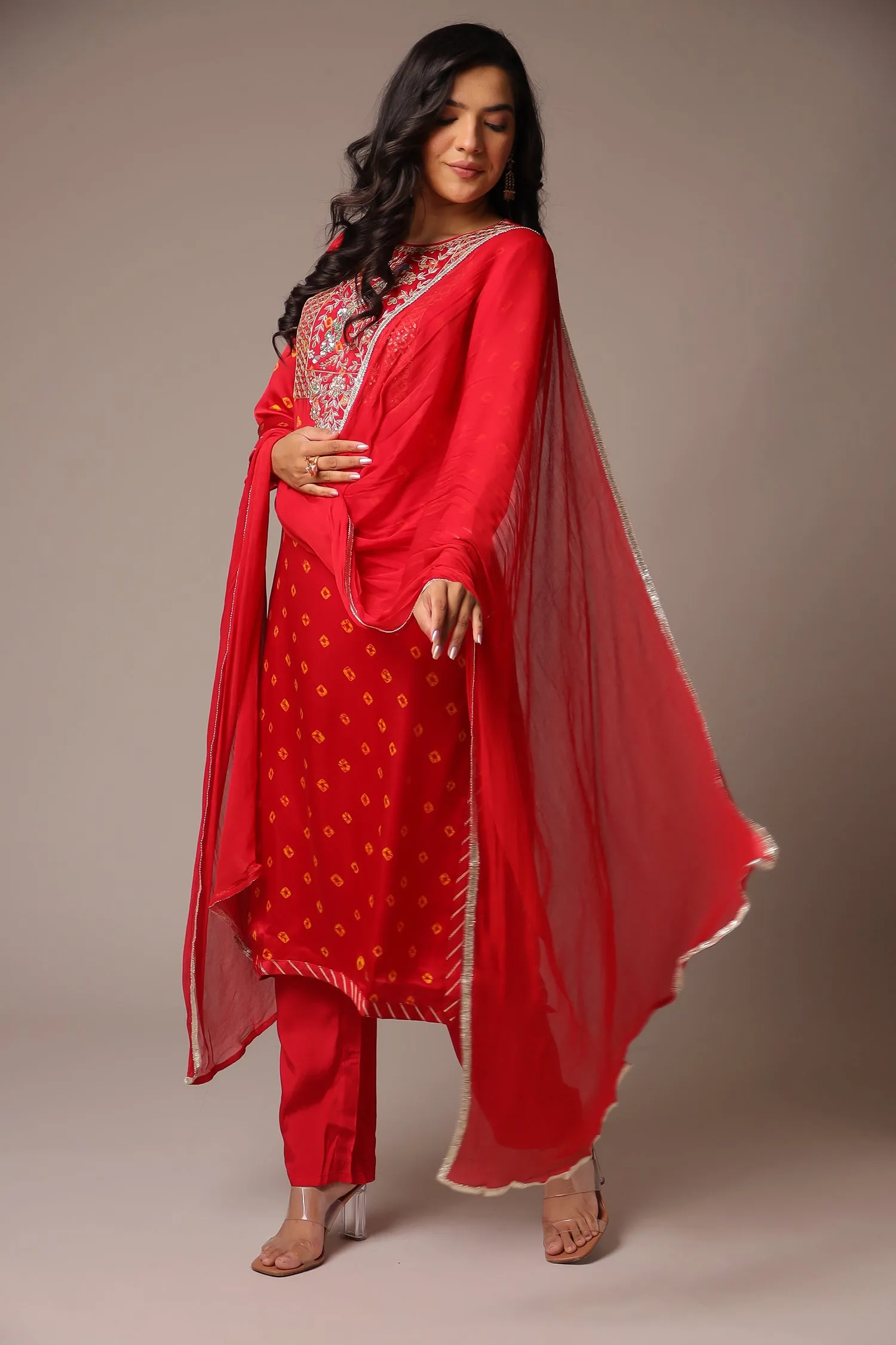 Bandhej Satin Straight Suit with Zardozi Work.