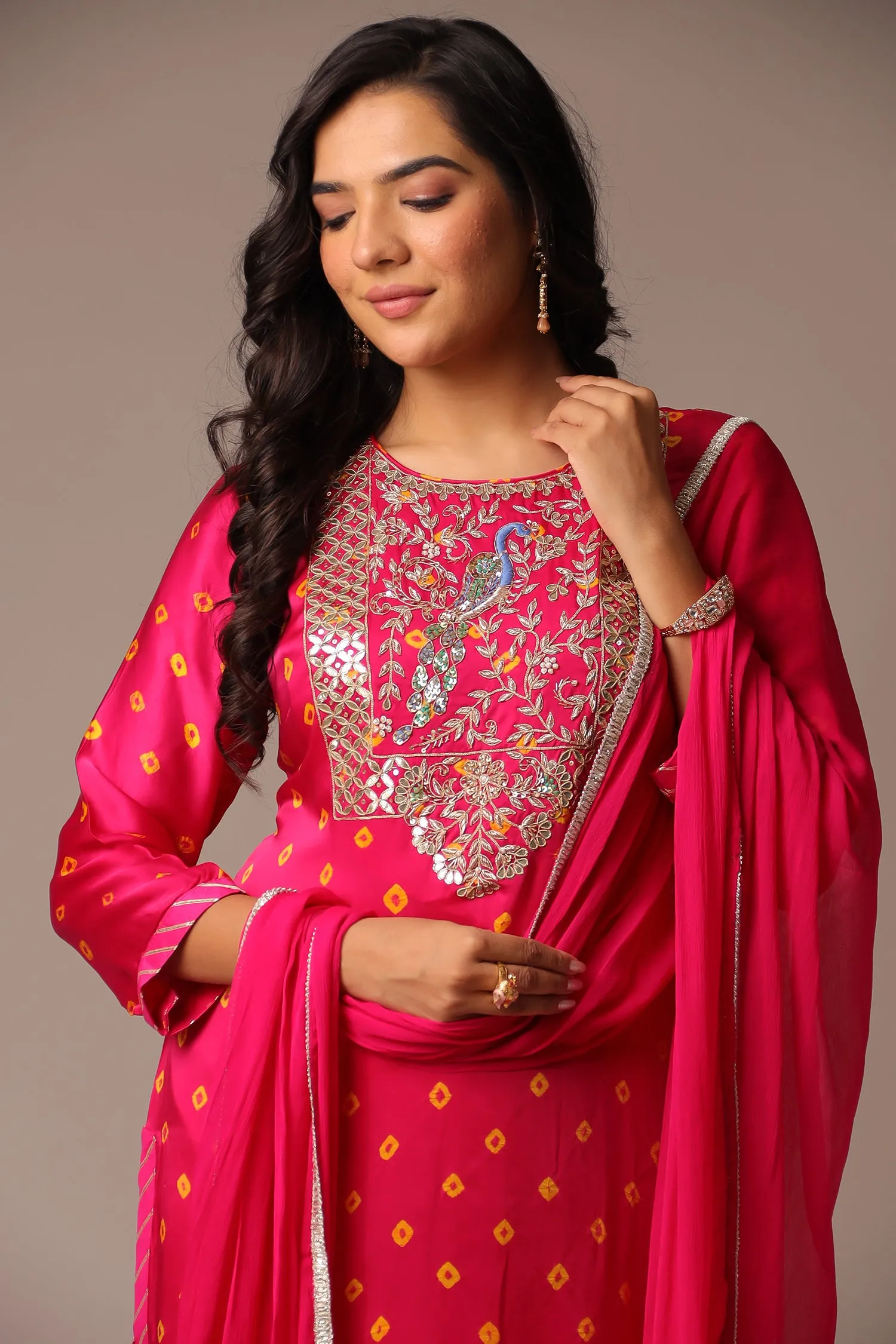 Bandhej Satin Straight Suit with Zardozi Work.