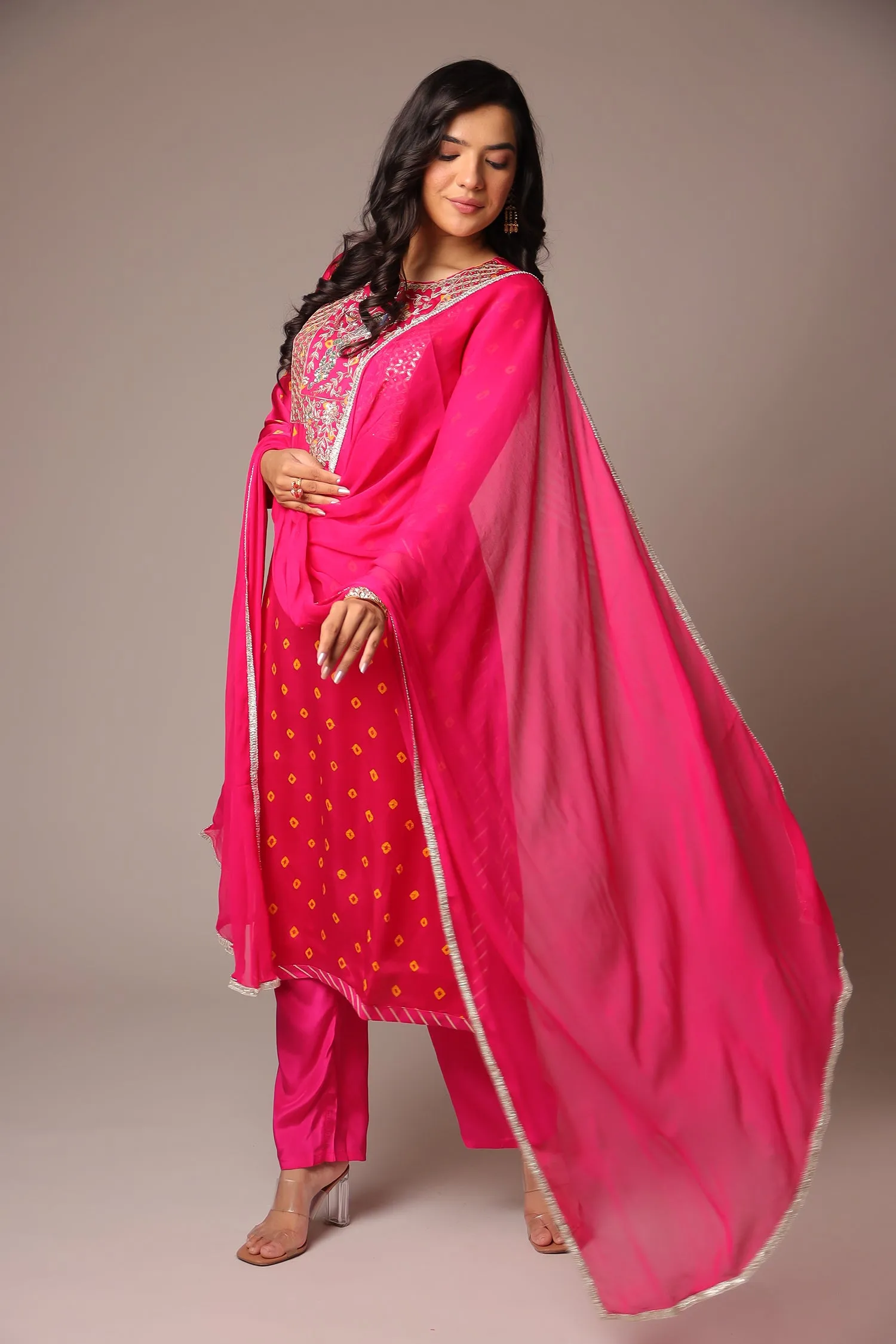 Bandhej Satin Straight Suit with Zardozi Work.