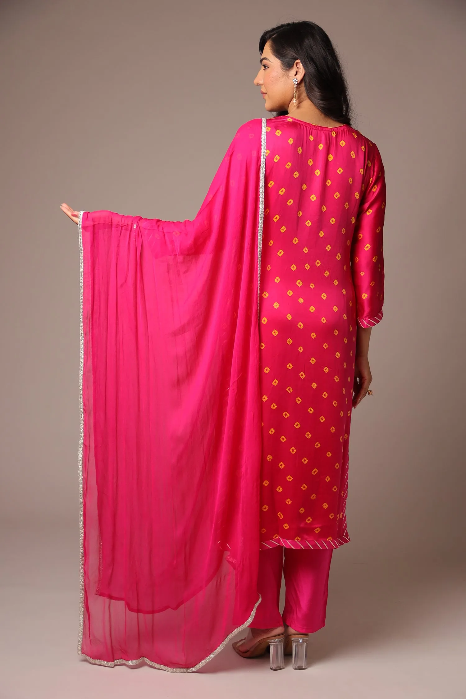 Bandhej Satin Straight Suit with Zardozi Work.