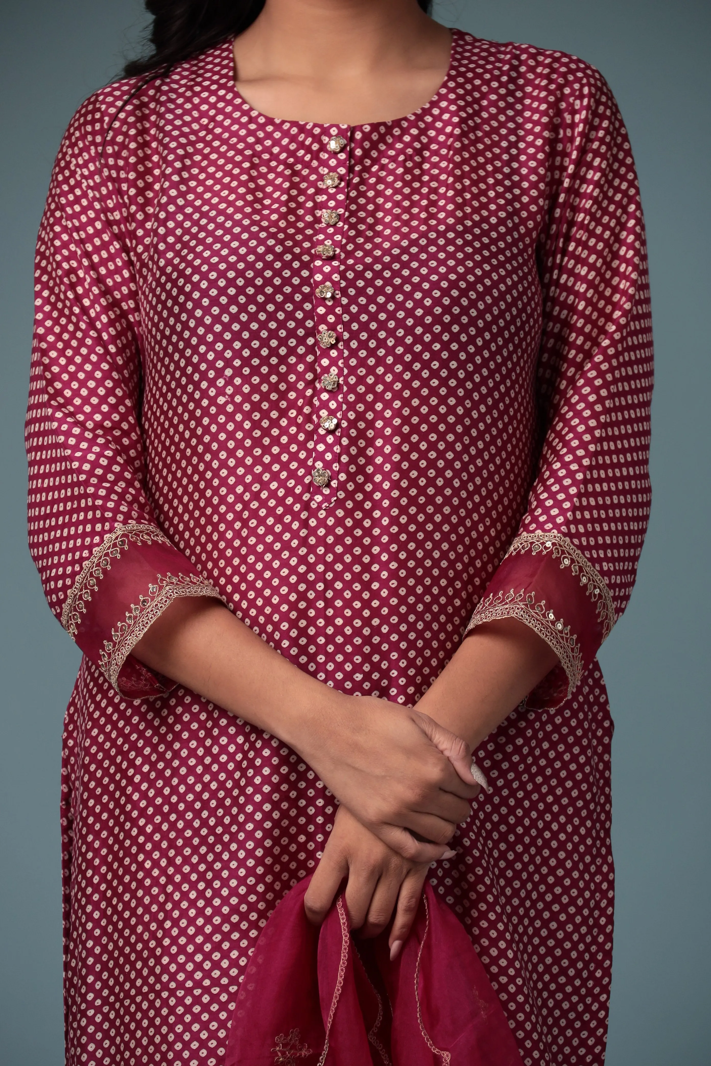 Bandhej Silk Kurta Stitched with Dori work.