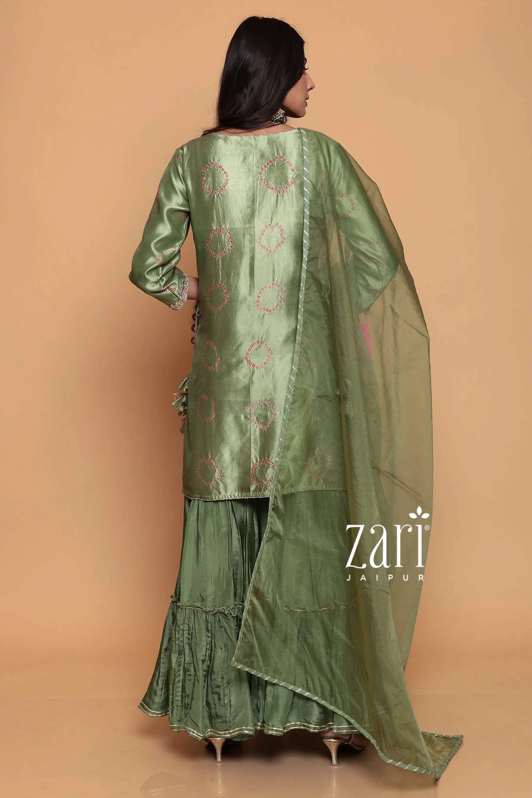 Bandhej Silk Suit with Dori, Gota Patti, Pearl, Sequins, Zardozi work.