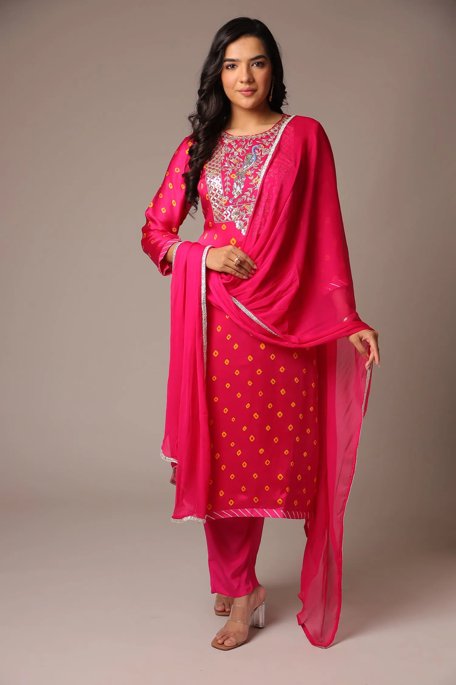 Bandhej Straight Satin Suit with Zardozi work.