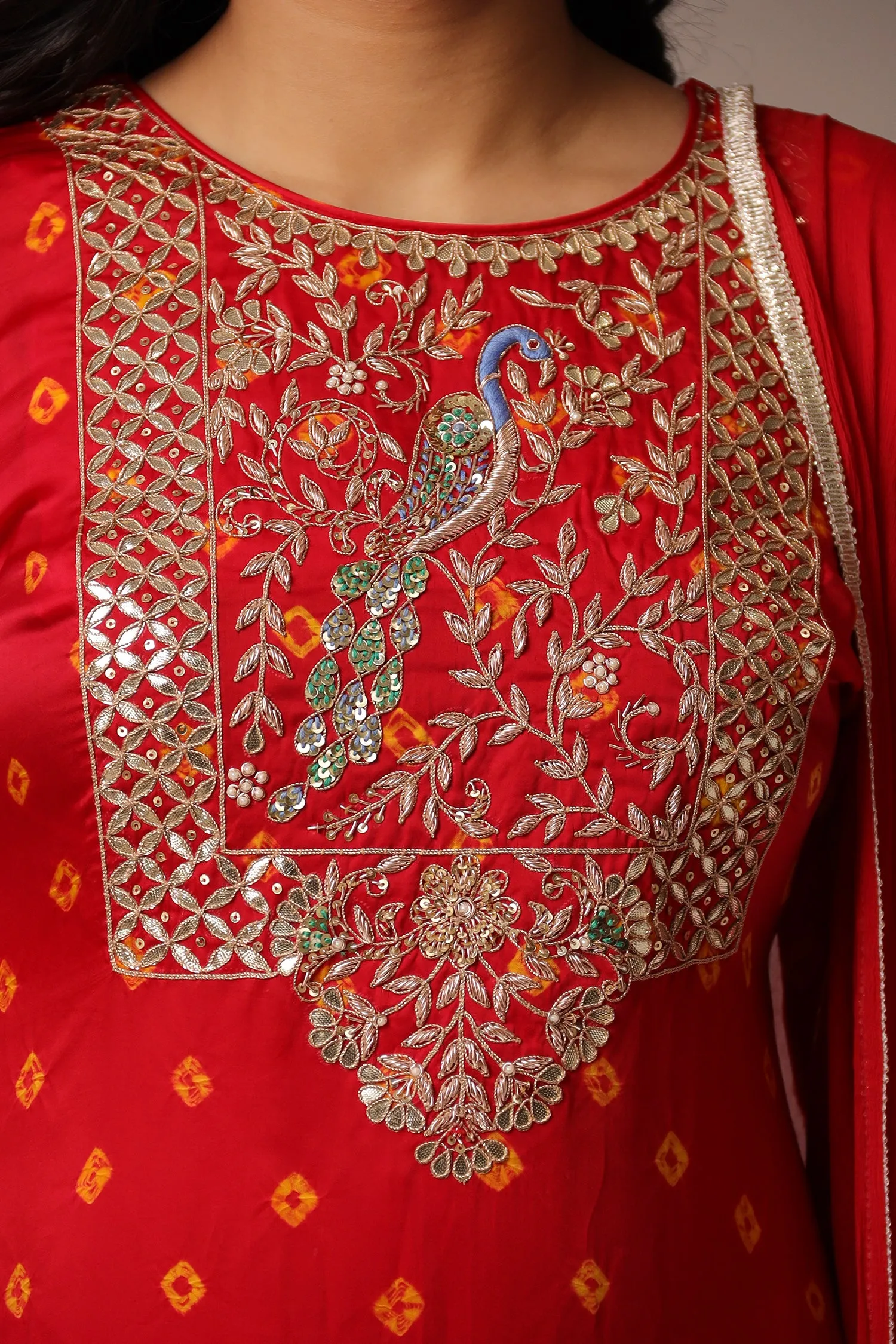 Bandhej Straight Satin Suit with Zardozi work.