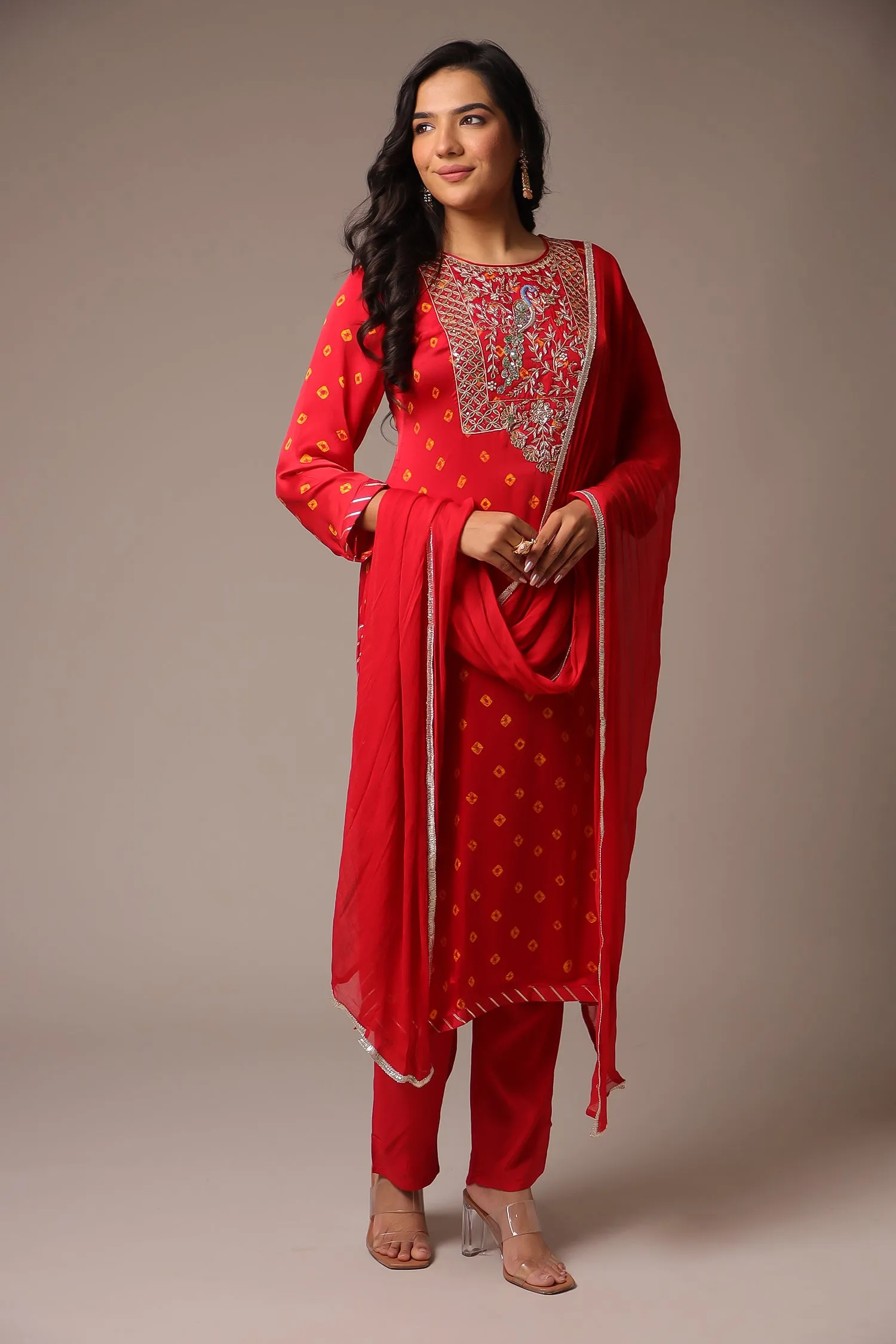 Bandhej Straight Satin Suit with Zardozi work.