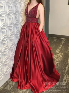 Beaded Dark Red Long Prom Dresses Deep V Neck Military Ball Gown FD1560