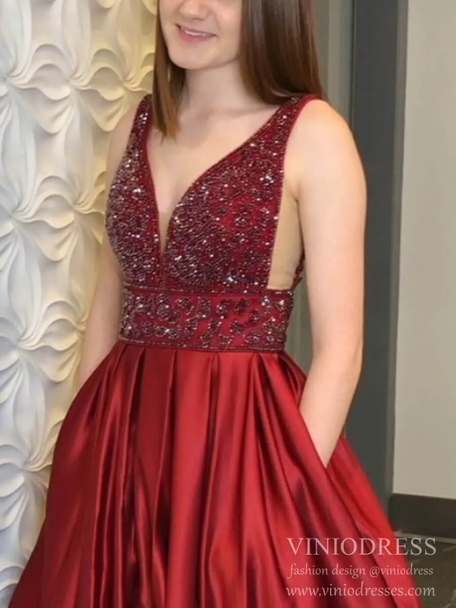 Beaded Dark Red Long Prom Dresses Deep V Neck Military Ball Gown FD1560