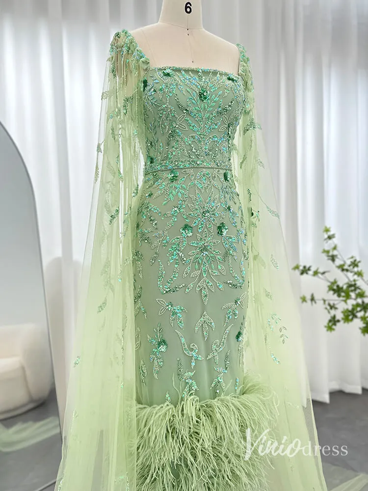 Beaded Lace Cape Sleeve Evening Dresses with Feathers Tea-Length Mother of the Bride Dress AD1150