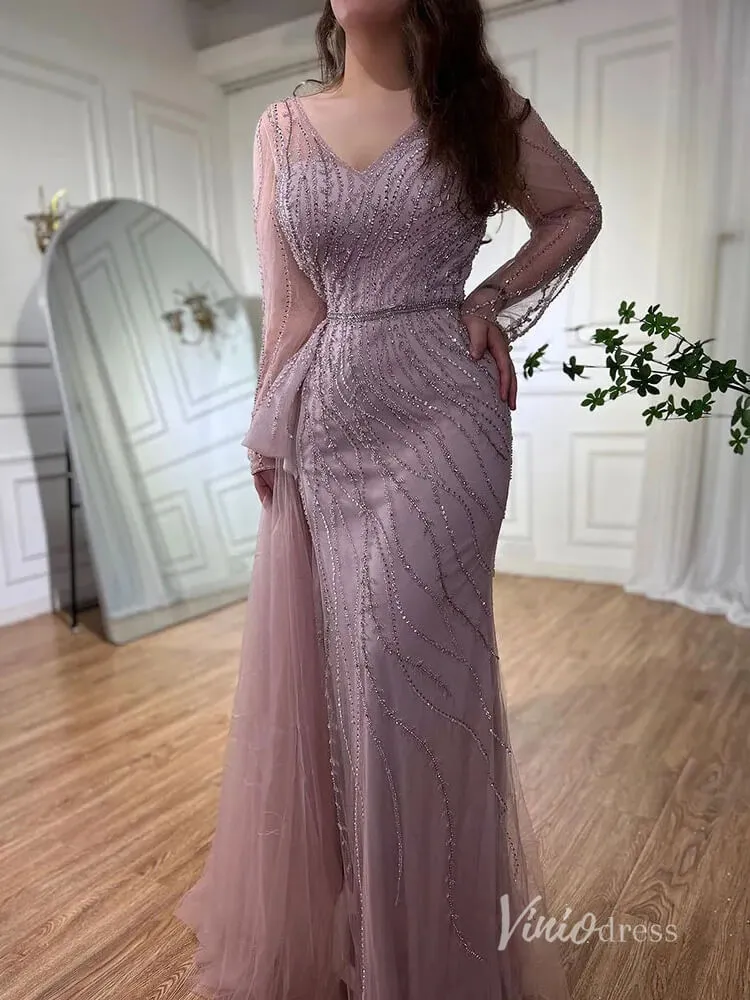 Beaded Long Sleeve Evening Dresses with Slit Mermaid Pageant Dress AD1137