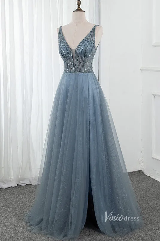 Beaded V-neck Tulle Prom Dress with Slit Pink Formal Dress FD2806