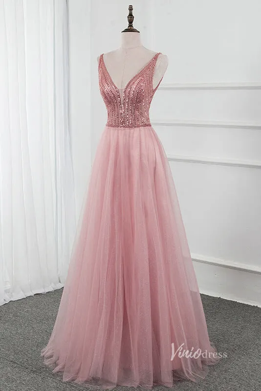 Beaded V-neck Tulle Prom Dress with Slit Pink Formal Dress FD2806