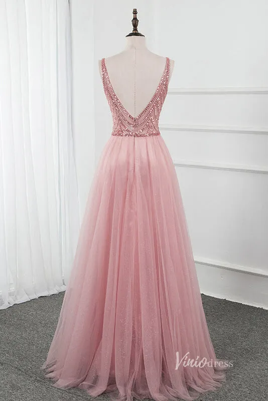 Beaded V-neck Tulle Prom Dress with Slit Pink Formal Dress FD2806