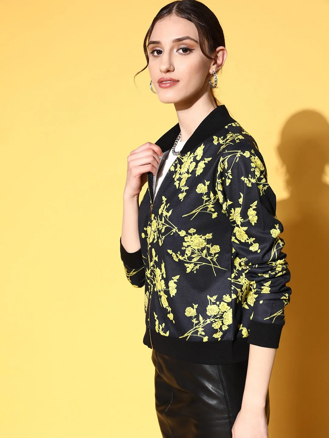 Berrylush Women Black & Yellow Floral Printed Mock Collar Neck Straight Hem Regular Bomber Jacket