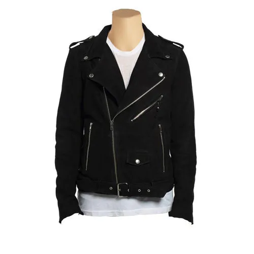 Biker style suede leather jacket with waist belt