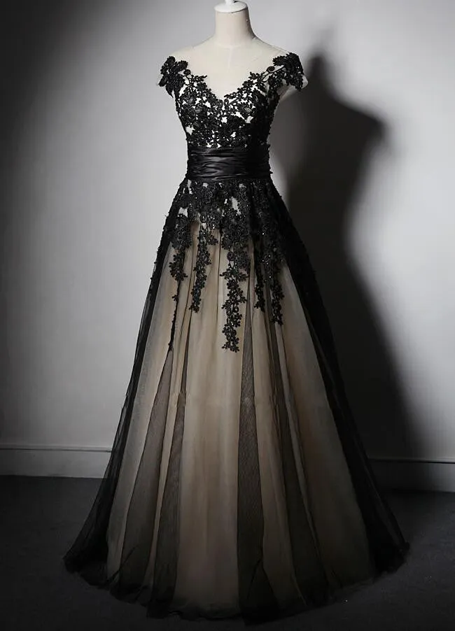 Black Applique Cap Sleeve Lace Up Back V Neck Long Prom Dresses, WG708