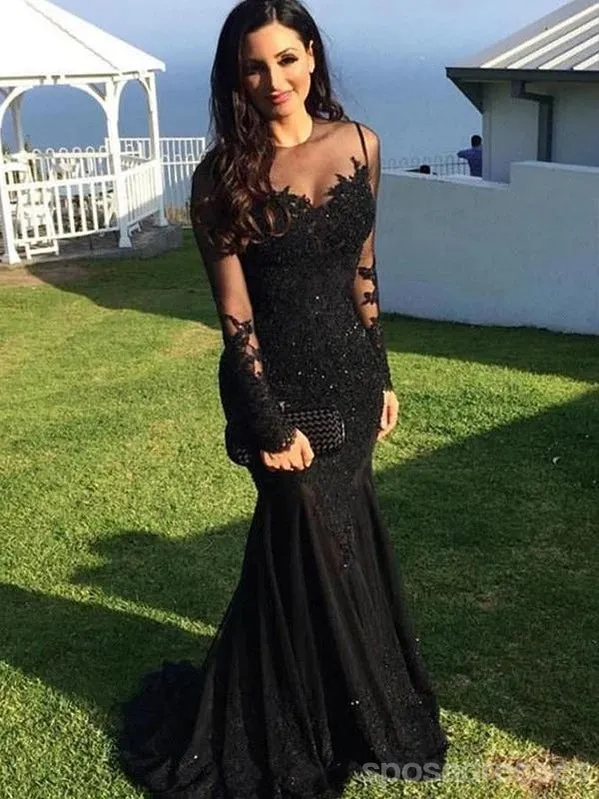 Black Mermaid Long Sleeves Jewel Party Prom Dresses, Prom Dresses With Sleeves,12536