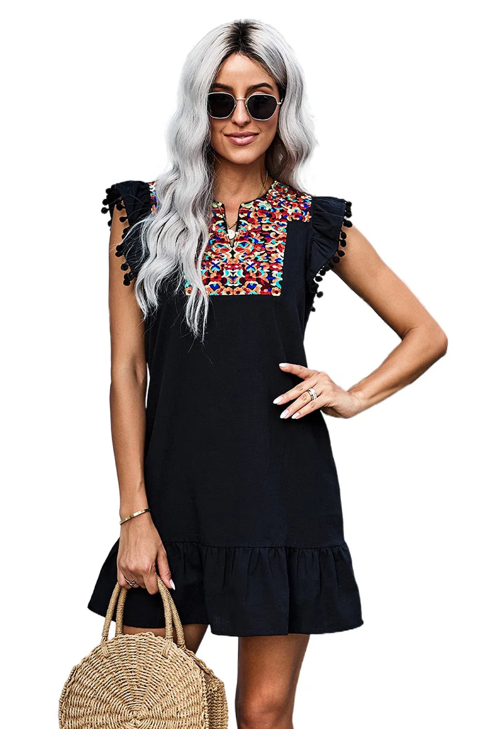 Black Print Pompom Sleeve Shift Boho Dress