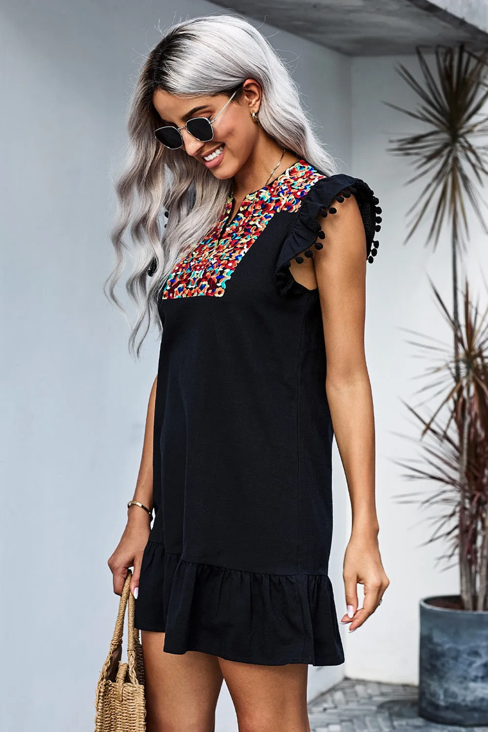 Black Print Pompom Sleeve Shift Boho Dress