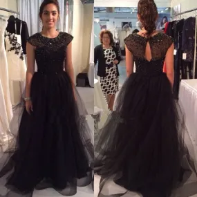 black Prom Dresses,long prom dress,A-line prom Dress,cap sleeves prom dress,charming prom gown,BD2978