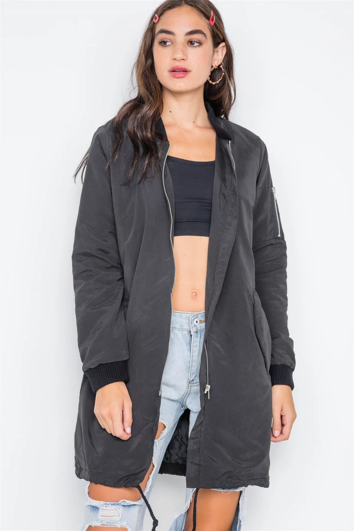 Black Puffer Long Sleeve Bomber Jacket