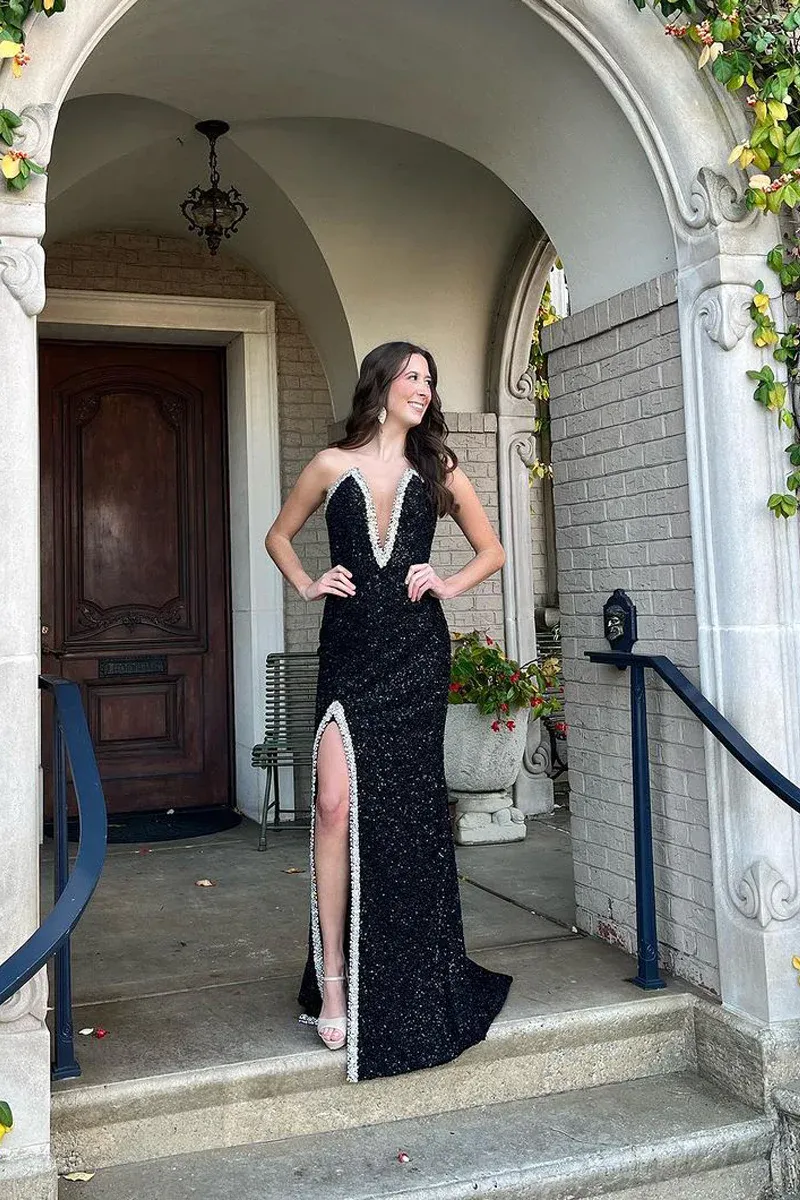 Black V Neck Sequin Mermaid Long Prom Dresses,BD93223