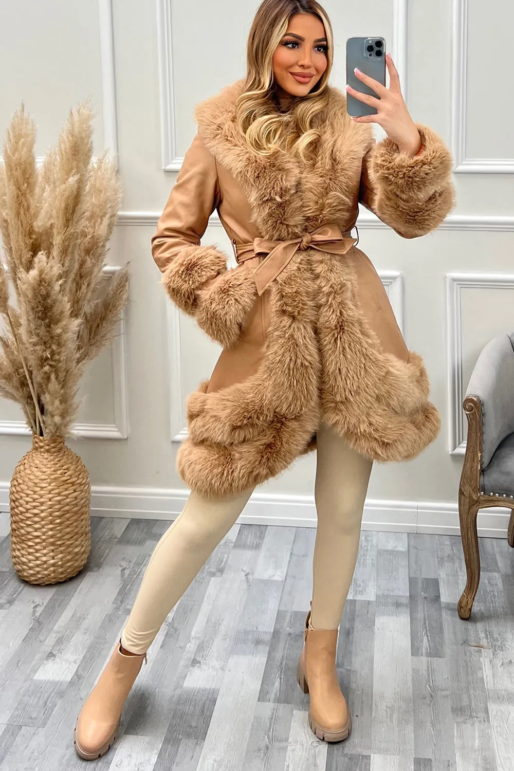 Blake Camel PU Faux Leather Faux Fur Tiered Zip Belted Longline Coat