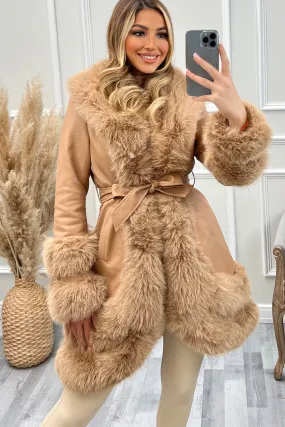 Blake Camel PU Faux Leather Faux Fur Tiered Zip Belted Longline Coat