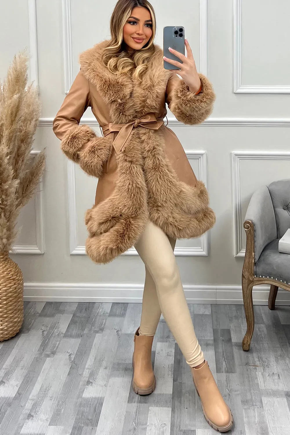 Blake Camel PU Faux Leather Faux Fur Tiered Zip Belted Longline Coat