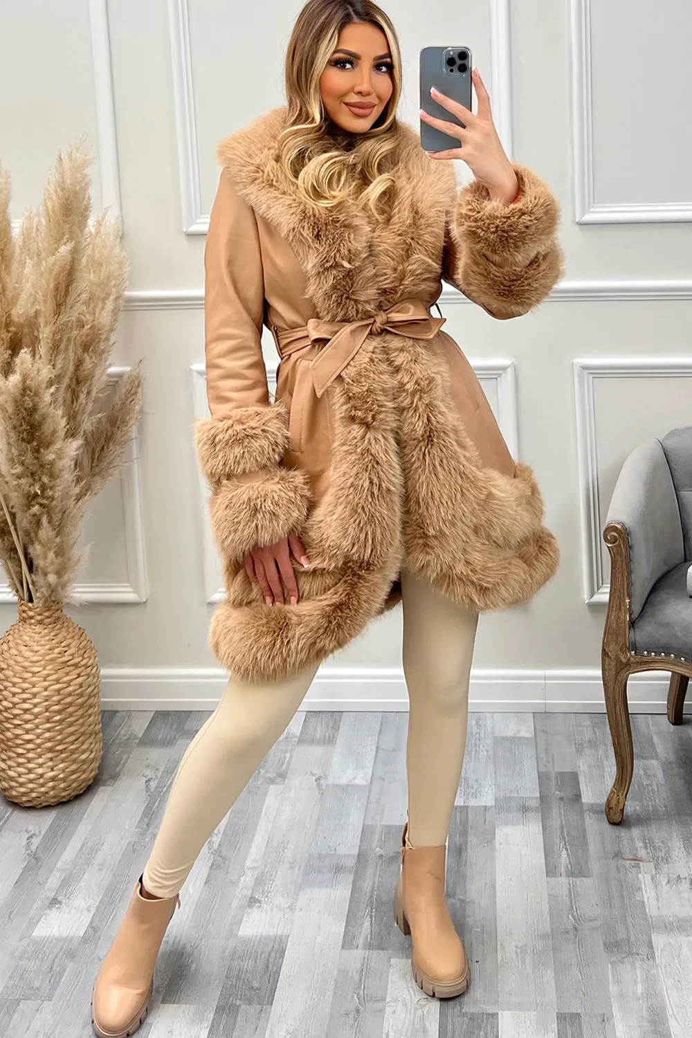 Blake Camel PU Faux Leather Faux Fur Tiered Zip Belted Longline Coat