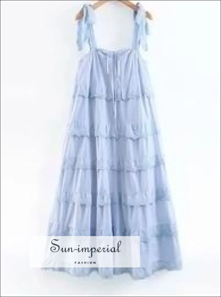 Blue Lace Beach Oversized Pleated Vintage Tie Dye Strap Summer Cake Dress