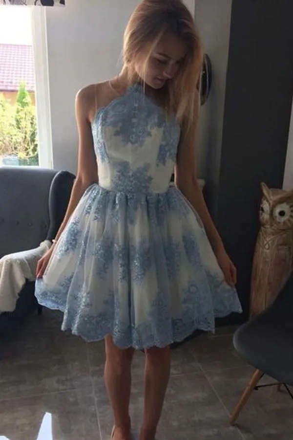 Blue Lace Scoop Neck See Through Cheap Homecoming Dresses 2018, BDY0210