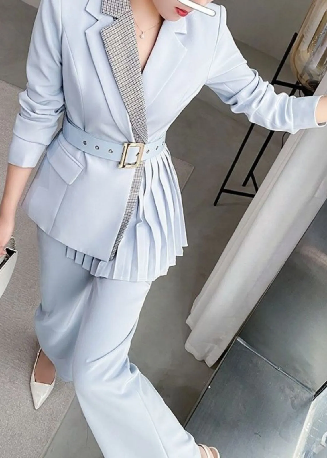 Blue Pleasted Belted Blazer & Flare Pants Suit