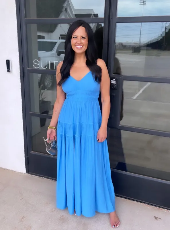 Blue Shirred Waist Dress