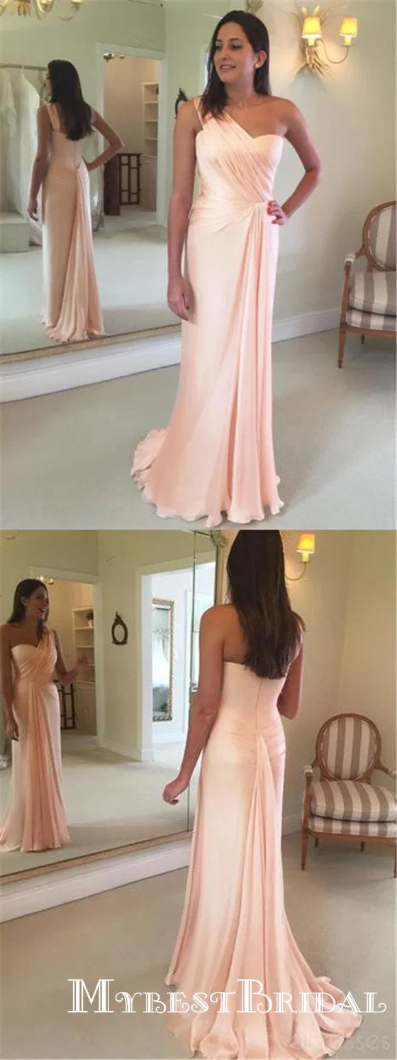 Blush One Shoulder Sleeveless Long Cheap Chiffon Bridesmaid Dresses, TYP0009