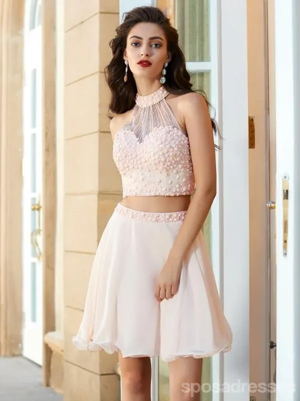 Blush Pink Two Pieces Halter Beaded Cheap Homecoming Dresses Online, CM719