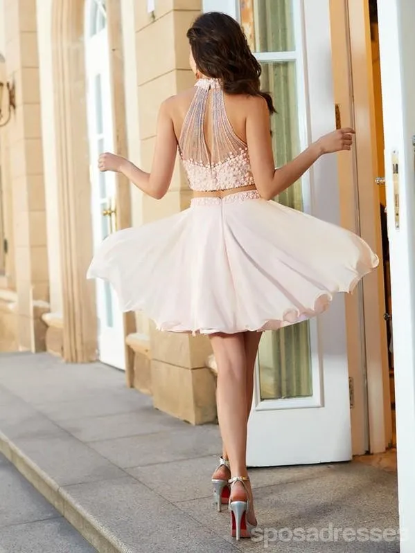 Blush Pink Two Pieces Halter Beaded Cheap Homecoming Dresses Online, CM719