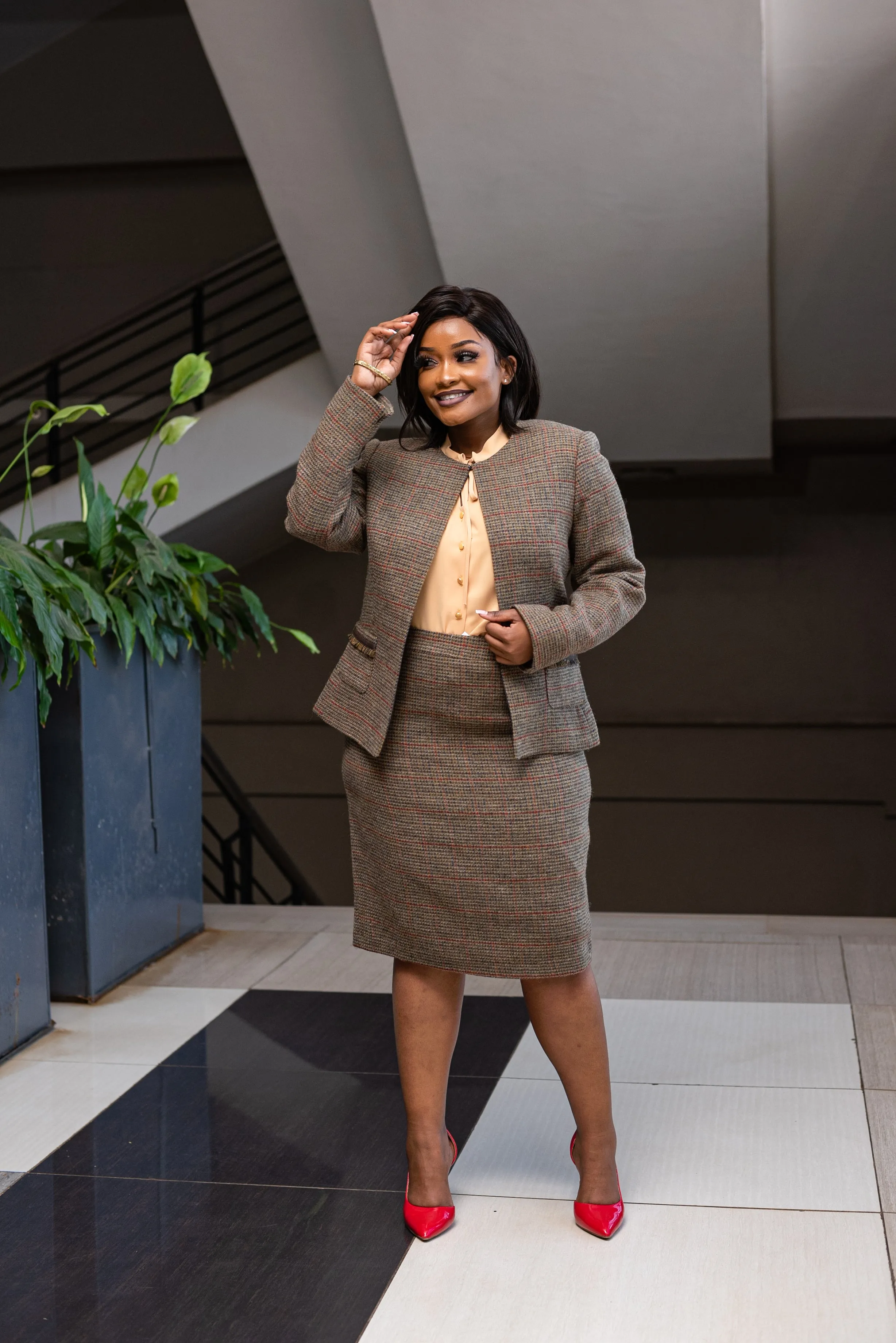 Brown checked skirt suit