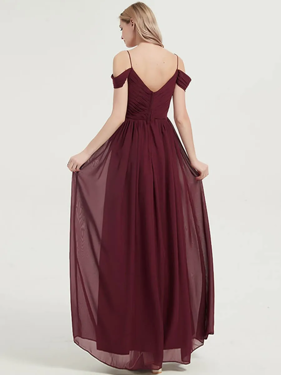 Burgundy Cold Shoulder Spaghetti Straps Pleated Chiffon Bridesmaid Dress