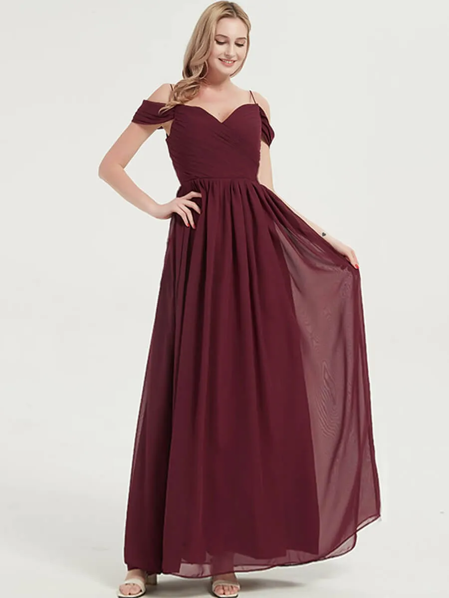 Burgundy Cold Shoulder Spaghetti Straps Pleated Chiffon Bridesmaid Dress