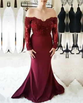 Burgundy Lace Off Shoulder Mermaid Long Sleeves Bridesmaid Dresses