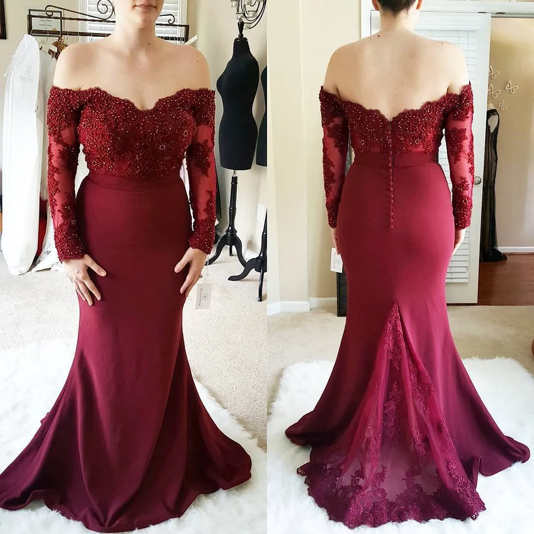 Burgundy Lace Off Shoulder Mermaid Long Sleeves Bridesmaid Dresses